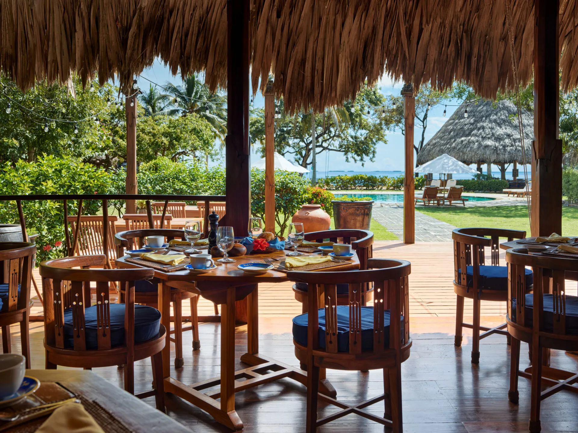 Mare Restaurant at Turtle Inn, looking out at the pool and Caribbean Sea