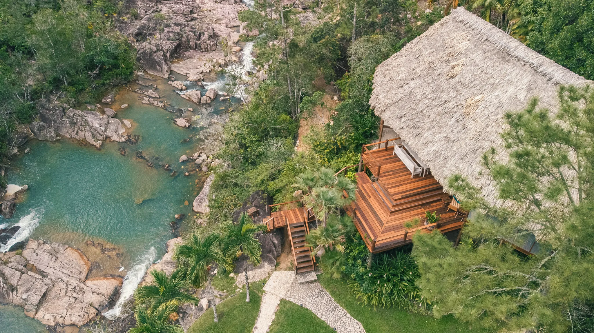 Aerial view of the villa and river