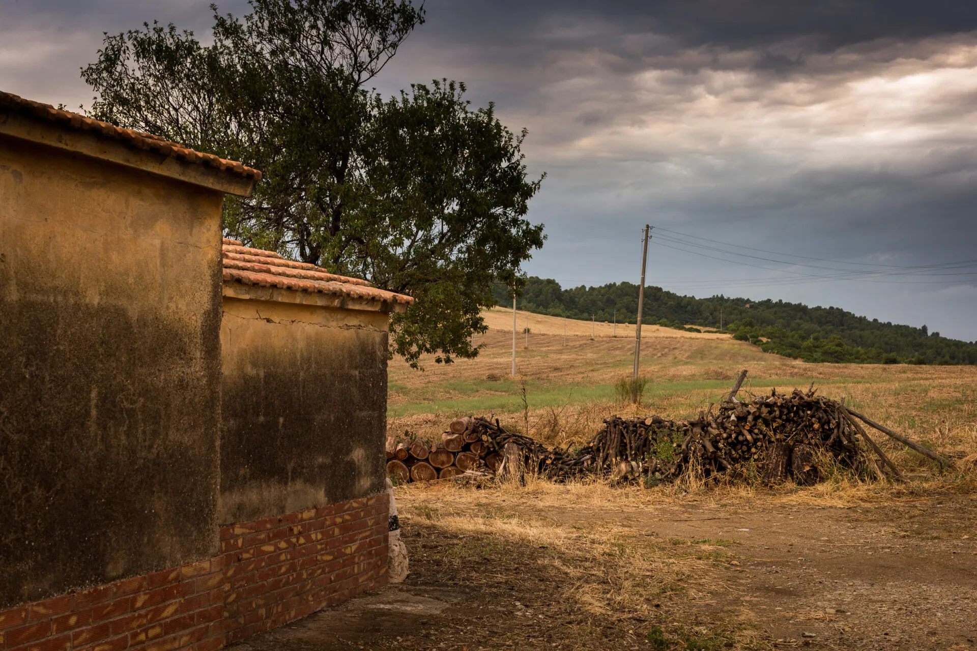 piles of firewood stacked near a building in the Italian countryside