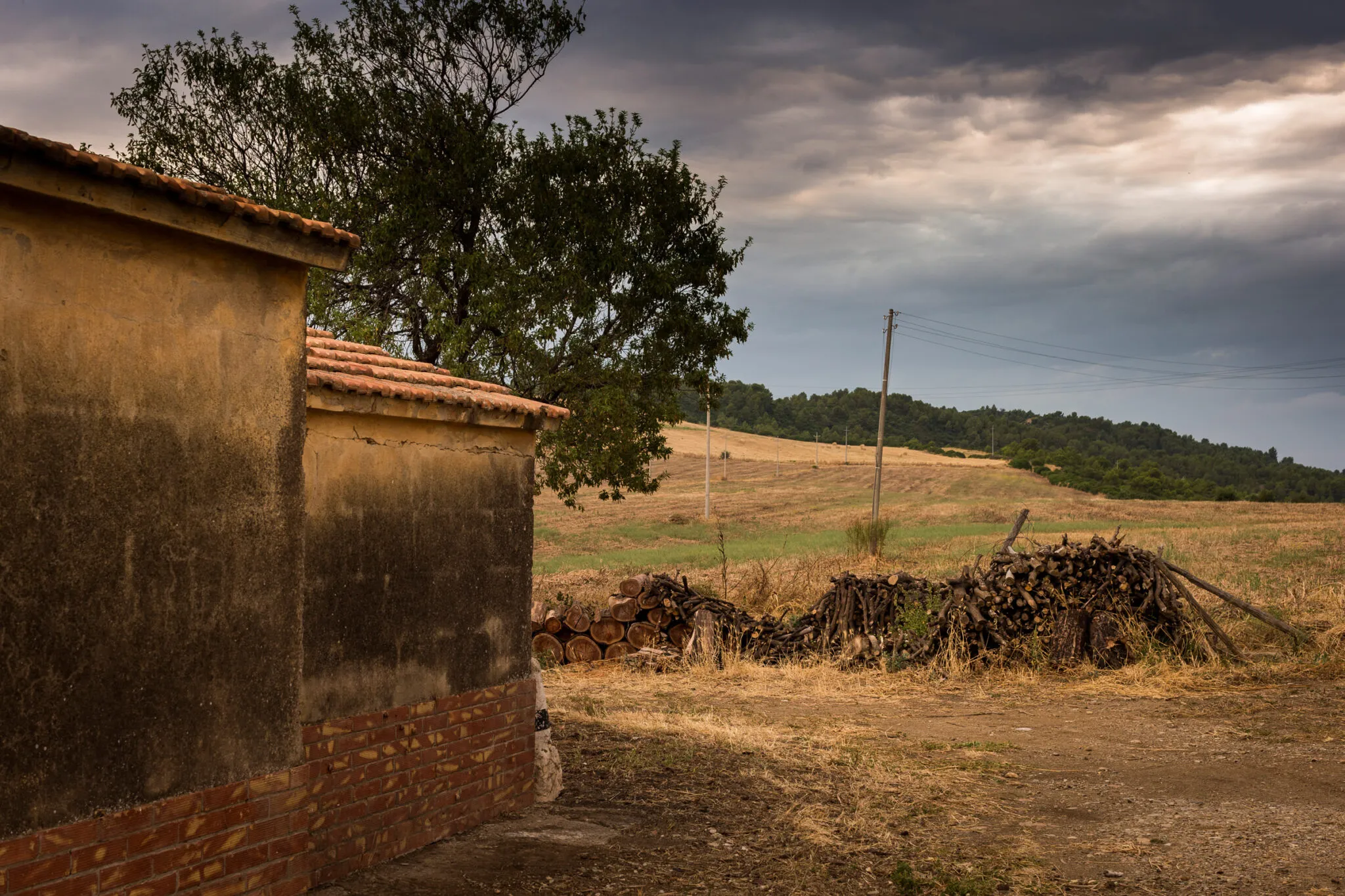 piles of firewood stacked near a building in the Italian countryside