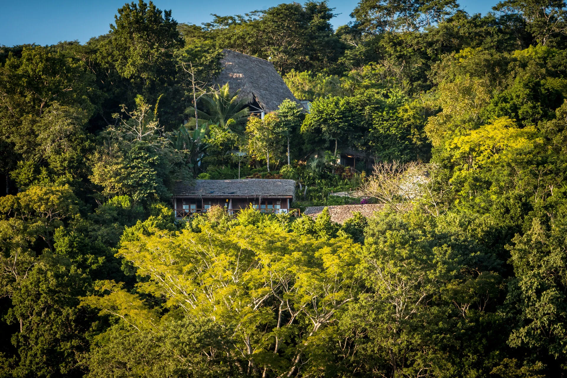 An aerial view of the main lodge at La Lancha.