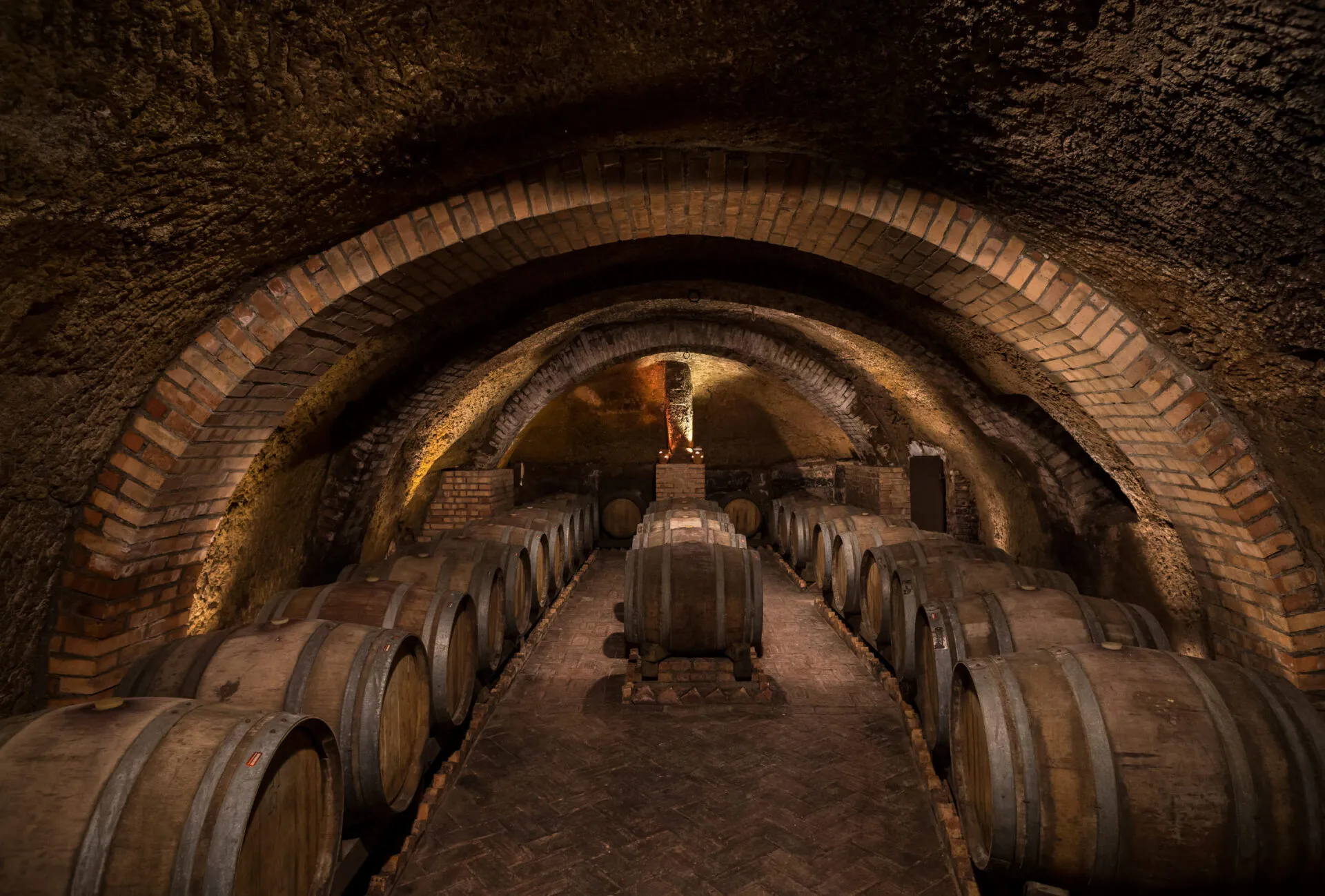 Wine barrels in a brick cellar with an arched ceiling