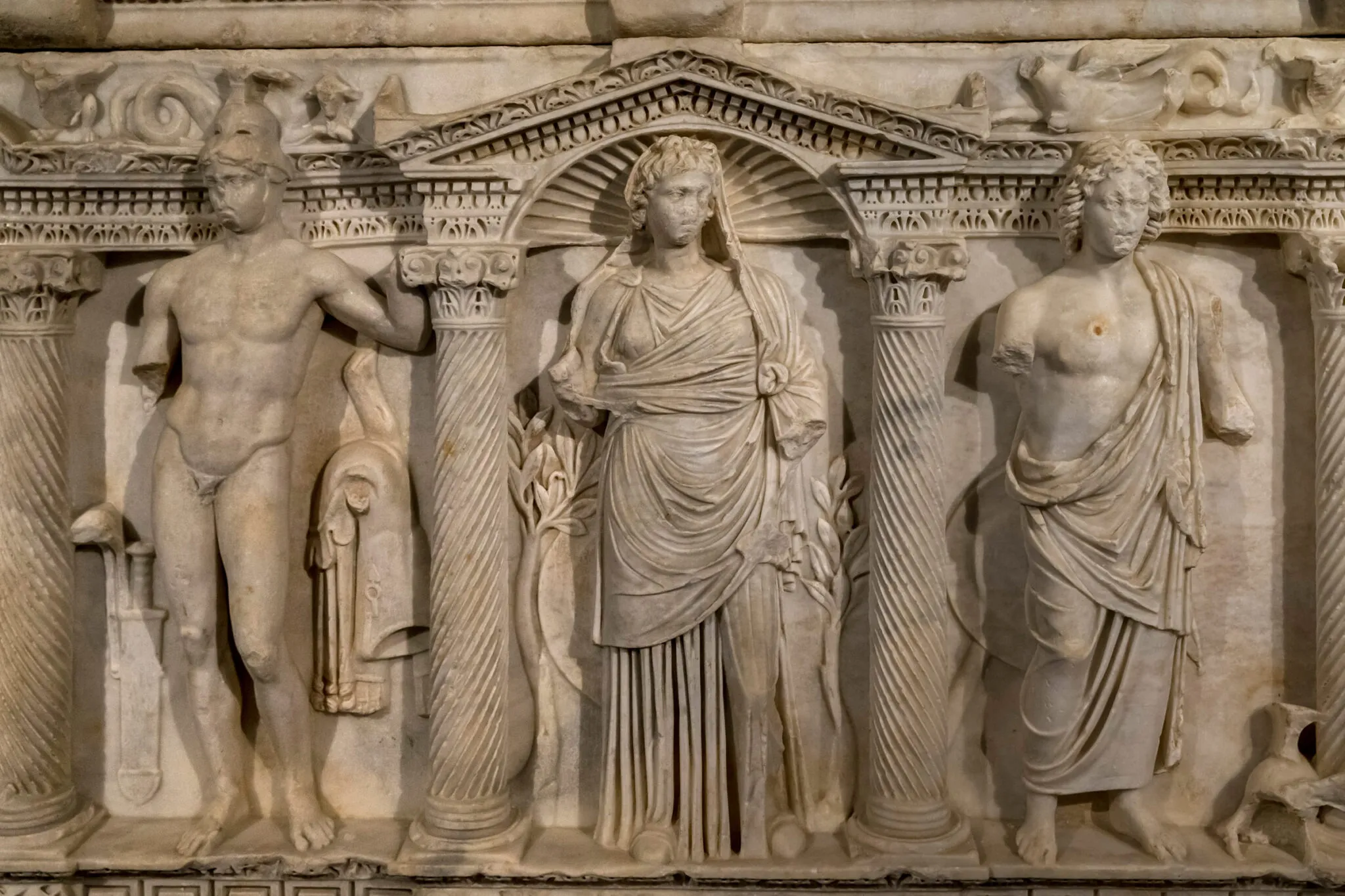 Figures of men in robes carved in stone