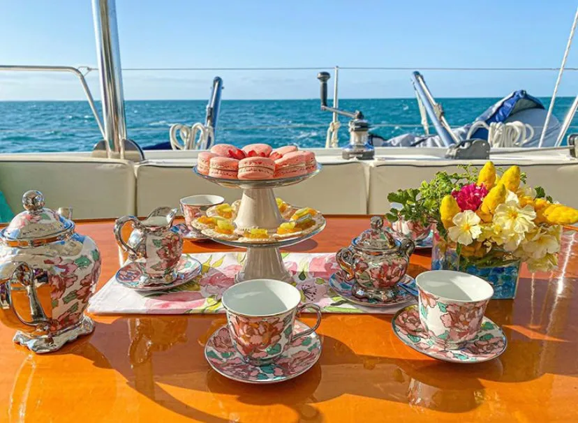Teacups and a tower of macarons