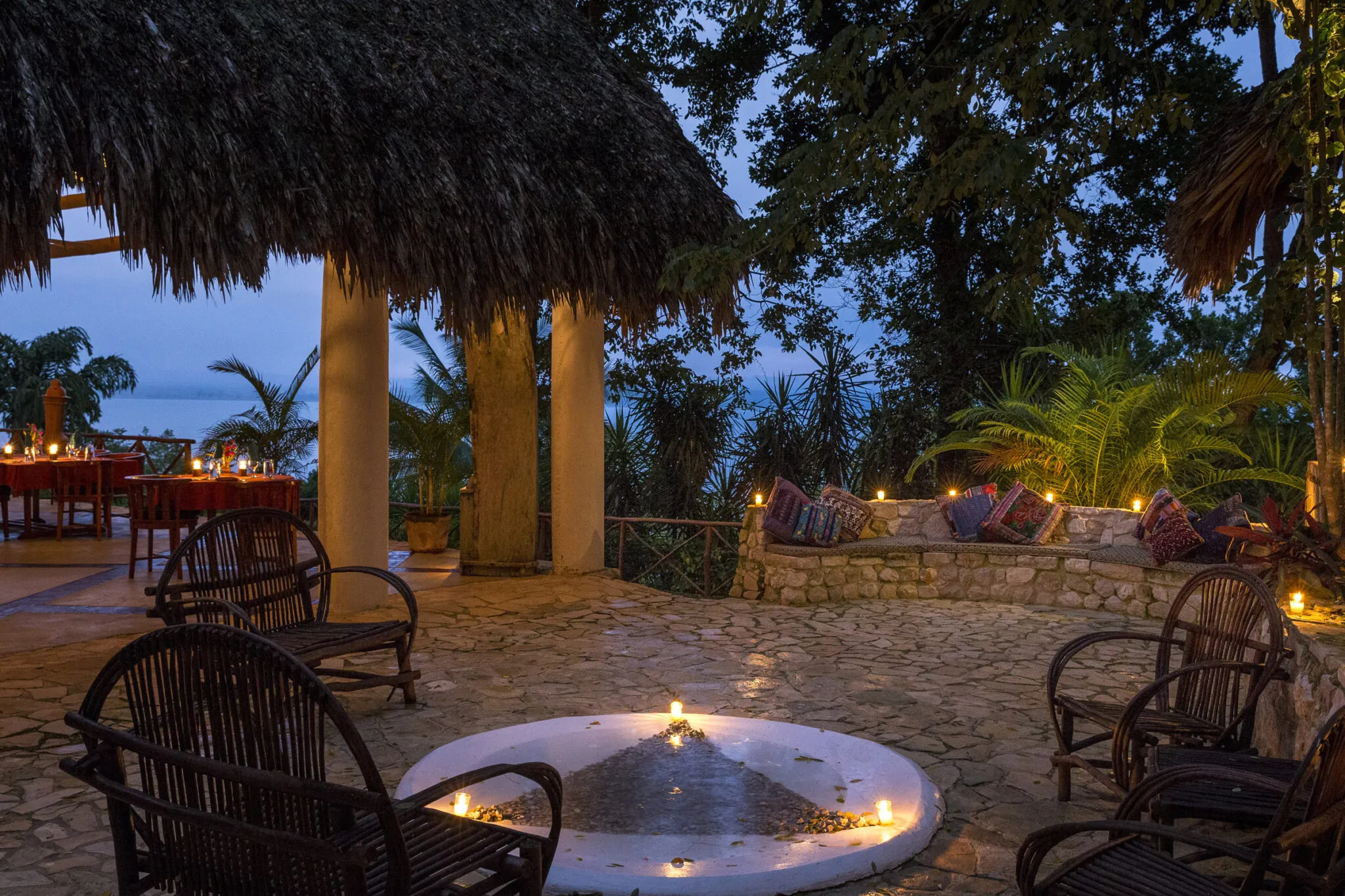 A candlelit lounge area at the Main Lodge at La Lancha.